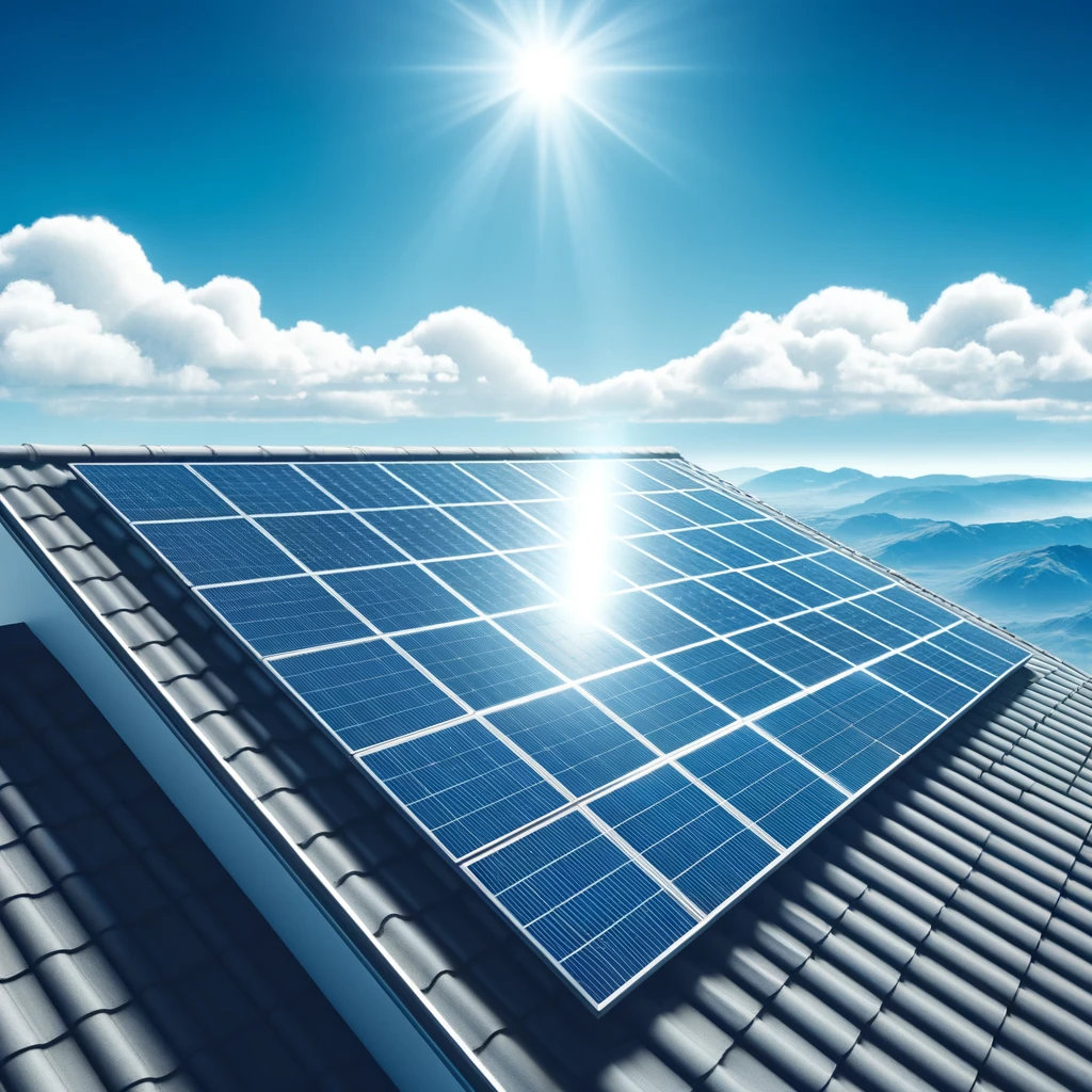 גג מכוסה פאנלים סולאריים כשברקע שמיים כחולים צלולים. התמונה צריכה להדגיש את העיצוב המלוטש והיעילות של ה-p solar