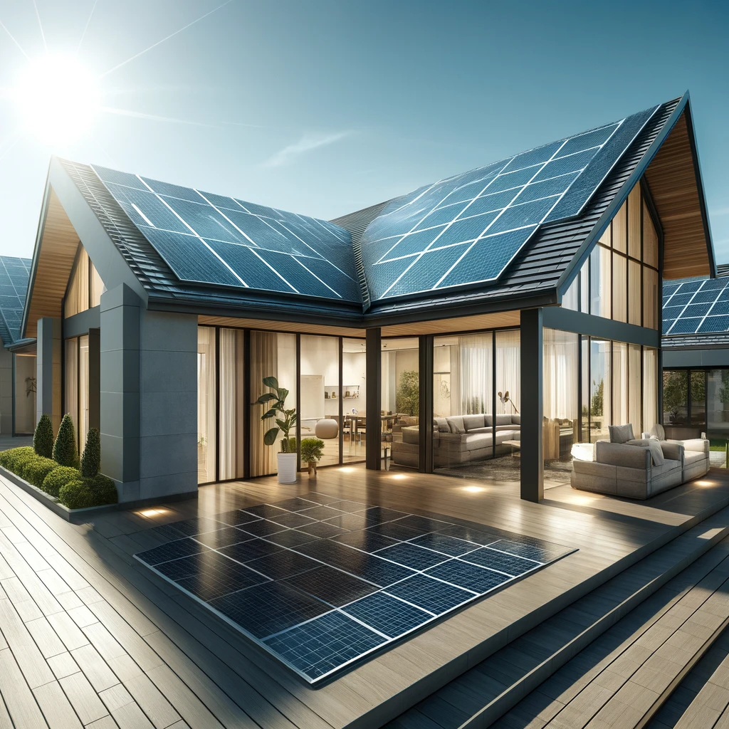 גג בית מודרני ואסתטי מכוסה ברעפים סולאריים, משתלב בצורה חלקה עם העיצוב האדריכלי.